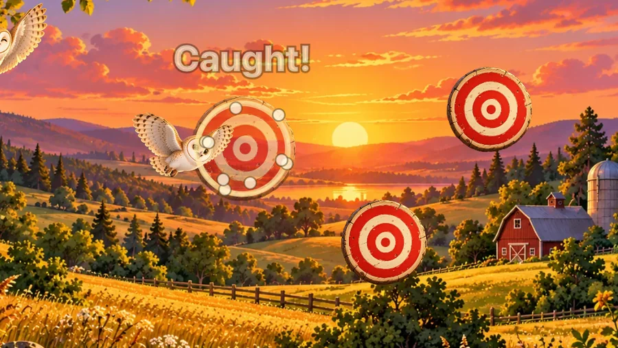 The owl holding a target, with a burst and the word Caught