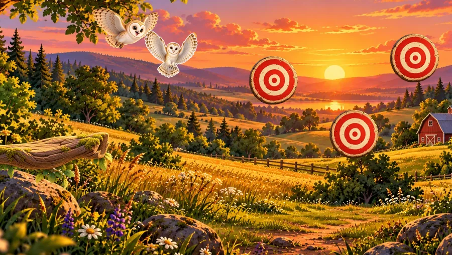 The owl part way through her curved flight toward the targets