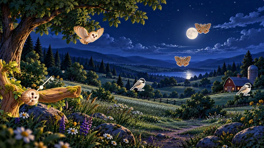 Level 4 at night, with two birds and two moths over a moonlit meadow