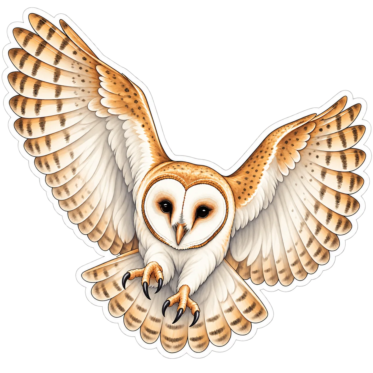 A barn owl in flight with its flat face turned forward