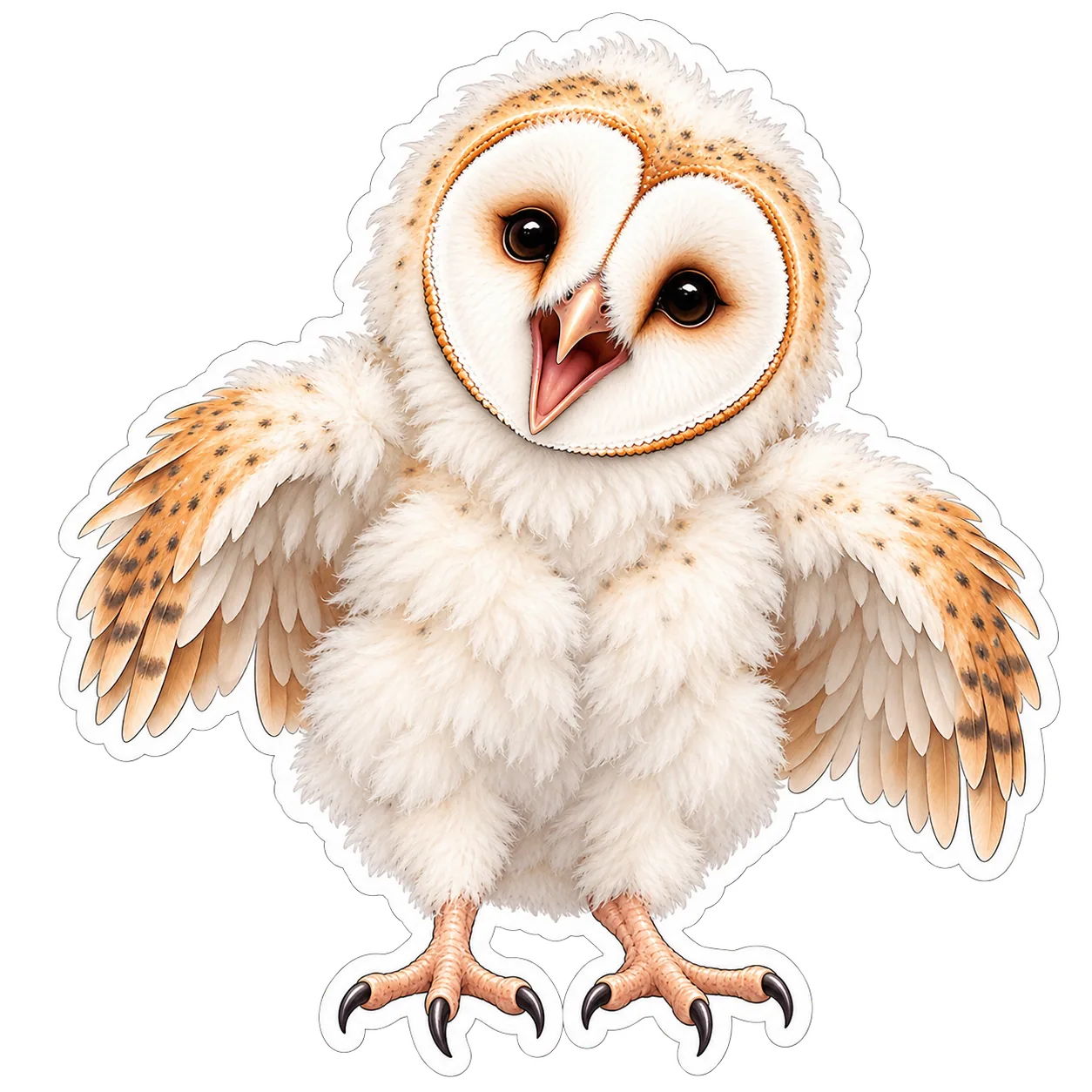 A young barn owl still covered in white down